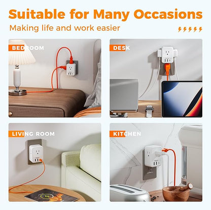 USB Charger Block, TESSAN Outlet Extender Surge Protector with USB C, 4 AC Multi Plug Wall Outlet Splitter 1875W, Electrical Plug Expander for Home Office Dorm Room Essentials, White