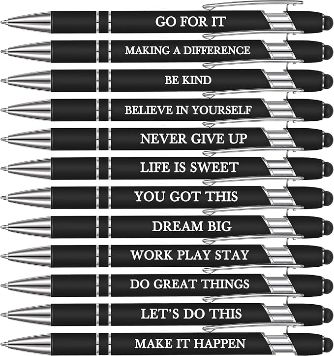 Zonon 12 Pcs Inspirational Pens Bulk Funny Ballpoint Pen with Stylus Tip Motivational Gifts for Christmas Teacher Coworkers Nurse School Office Supplies(Black,Motivational Style)