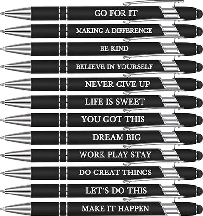 Zonon 12 Pcs Inspirational Pens Bulk Funny Ballpoint Pen with Stylus Tip Motivational Gifts for Christmas Teacher Coworkers Nurse School Office Supplies(Black,Motivational Style)