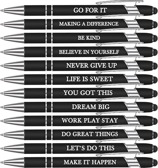 Zonon 12 Pcs Inspirational Pens Bulk Funny Ballpoint Pen with Stylus Tip Motivational Gifts for Christmas Teacher Coworkers Nurse School Office Supplies(Black,Motivational Style)