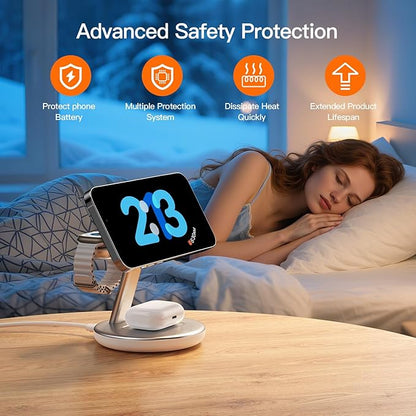 2025 Apple 5W Fast iWatch Charging,3 in 1 Charging Station for Apple Devices,Mag-Safe Charger Stand,Wireless Charger for iPhone 17/16/15/14/13/12 Series,& AirPods（Silvery）