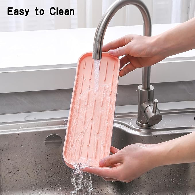Silicone Kitchen Sink Organizer Tray for Multiple Usage,Easy Clean,Eco-Friendly Sponges Holder for Kitchen Bathroom Counter or Sink,Dish Soap Dispenser,Scrubber,Bottle,Cup Pink 12" x 4”