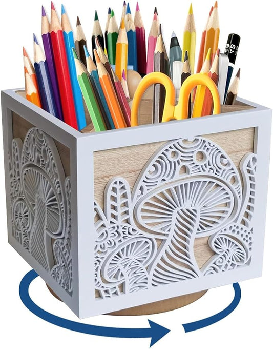 Office Pen Holder for Desk with Mushroom Cutout, Rotating Pen Organizer with 4 Compartments, Wood Pencil Holder Aesthetic Art Supply Organizer for Silverware, Makeup Brushes