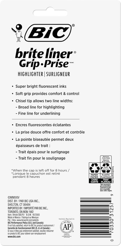 BIC Brite Liner Grip Highlighter, Chisel Tip (1.6 mm), Assorted Colors, For Broad Highlighting & Fine Underlining, 5-Count