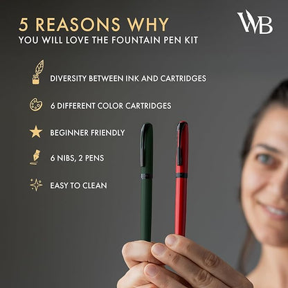 Wordsworth and Black Fountain Pen Set - Green - Includes 2 Pens, 18 ML Ink Bottle, 60 Ink Cartridges, A Refill Converter, 1 Medium and 4 Broad Nibs, Brush Pen - Fountain Pen Kit for Beginners