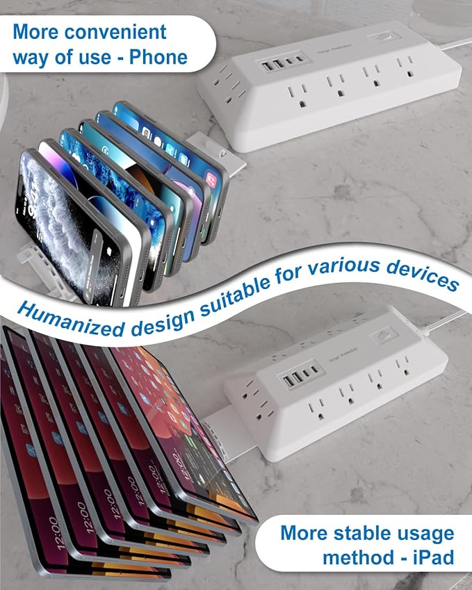 16 in 1 Surge Protector Power Strip with 4 USB (2 USB C) and 12 AC Outlets Extender, 6 Ft Flat Plug Extension Cord, Cable Management Outlets for Home Office and Dorm Rooms (White)