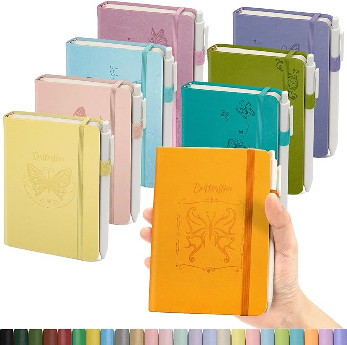 Pocket Small Notebook Journals, 8 Pack (8 Candy Color) Mini Notebook 3.7x5.7 Butterfly Journaling Notebooks for Women Men, A6 Hardcover Lined Note Pads with Pens for Work, Business, Travel Journal, Office Supplies
