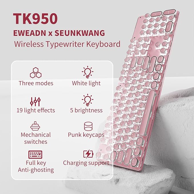 TK950 Wireless Typewriter Keyboard and Mouse Combo, 104 Keys Retro Typewriter Mechanical Keyboard with White Backlit, Anti-Ghosting, Blue Switch, Bluetooth/2.4G/Wired Cute Gaming Keyboards-Pink