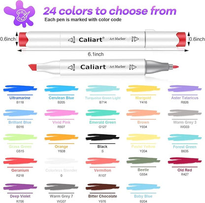 Caliart Alcohol Based Markers, 24 Colors Art Marker Set Fine & Chisel Dual Tip, Permanent Colored Pens for Adults Coloring Book Artists Illustration Sketch Lettering Drawing Cards Planner