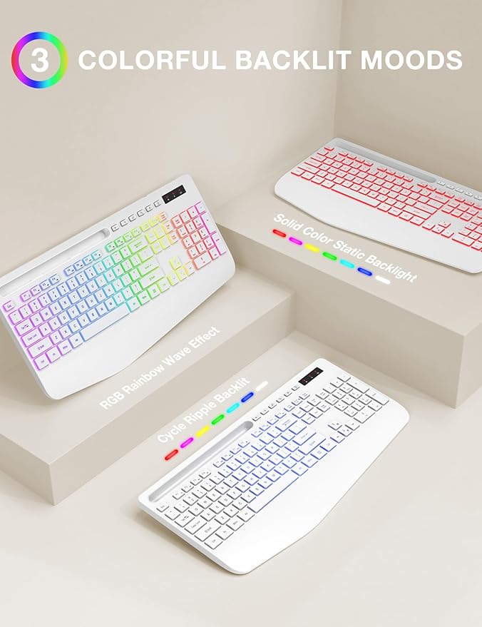 Wireless Keyboard with 9 Effects Backlits, Wrist Rest, Phone Holder, Rechargeable Ergonomic Computer Keyboard with Silent Keys, 2.4G Lag-Free Cordless Set for PC, Laptop, Windows, Mac (Keyboard Only)