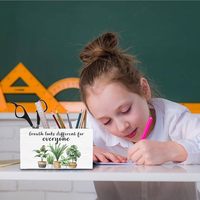 Inspirational Pen Holder for Desk, Growth Looks Different for Everyone Wooden Box Sign Desk Decor for Therapy Office Decoration, Mental Health Pencil Organizer, Growth Mindset Decor