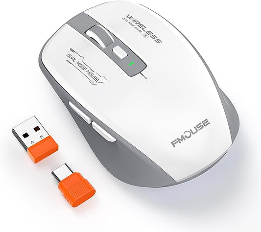 Bluetooth Mouse, Bluetooth 5.1 + 2.4GHz USB + USB-C Dongle, Wireless Mouse Tri-Mode, with Forward/Backward Side Keys, Silent Click, Side Buttons, Portable for Laptop, Mac, iPad (Gray White)