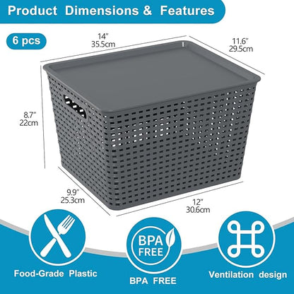 6-Pack Large Plastic Storage Baskets Bins with Lid, Ideal for Barthroom, Kitchen, Pantry, Closets, Organizing, Gray