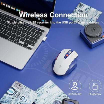 Uineer Wireless Mouse, [Upgraded] Visible Battery Display，Rechargeable Laptop Mice 2.4G USB, 4 Adjustable DPI Levels,Optical Ratón Wireless for Laptop PC Computer,White and Blue