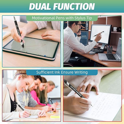 100 Piece Inspirational Pens Kit with Stylus Tip & Sayings – 50 Motivational Pen + 50 Individual Bags – Uplifting Quote & Positive Ideas – For Teachers, Office, School, Meetings, Team Events(Black)