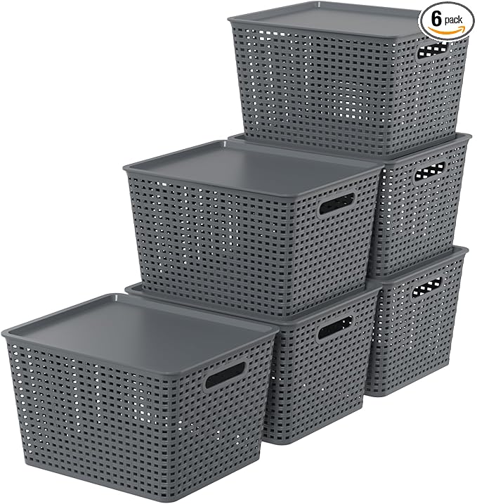 6-Pack Large Plastic Storage Baskets Bins with Lid, Ideal for Barthroom, Kitchen, Pantry, Closets, Organizing, Gray