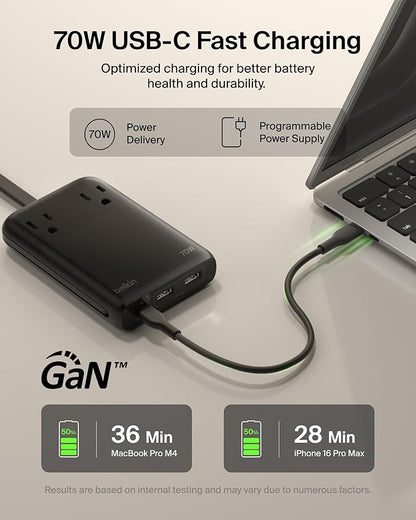 Belkin GaN Charging Station 70W, 6-in-1 USB C Charger w/ 2X AC Outlets, 2X USB A Ports, Integrated USB C Cable - Power Strip for iPhone, Apple Watch, iPad, MacBook, Chromebook, Galaxy, Pixel, & More