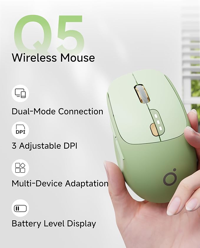 EWEADN Q5 Wireless Mouse, Bluetooth & 2.4G Quiet Computer Mouses with 1600 DPI, Battery Level Display, Ergonomic Office Mouse,6 Button Portable Cute Cordless Mice for Laptop/PC/Mac- Green
