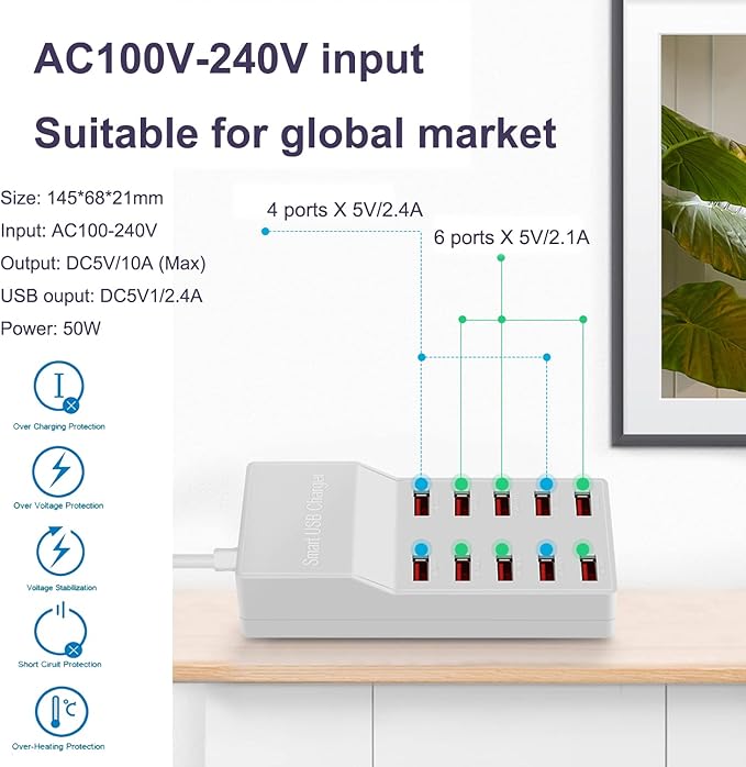 MaxLax USB Charger Station,10-Port 50W/10A Multiple USB Charging Station with Smart IC Technology,Multi Ports Charger Charging for Smartphones，Tablets，and Other Devices.