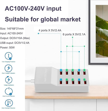 MaxLax USB Charger Station,10-Port 50W/10A Multiple USB Charging Station with Smart IC Technology,Multi Ports Charger Charging for Smartphones，Tablets，and Other Devices.