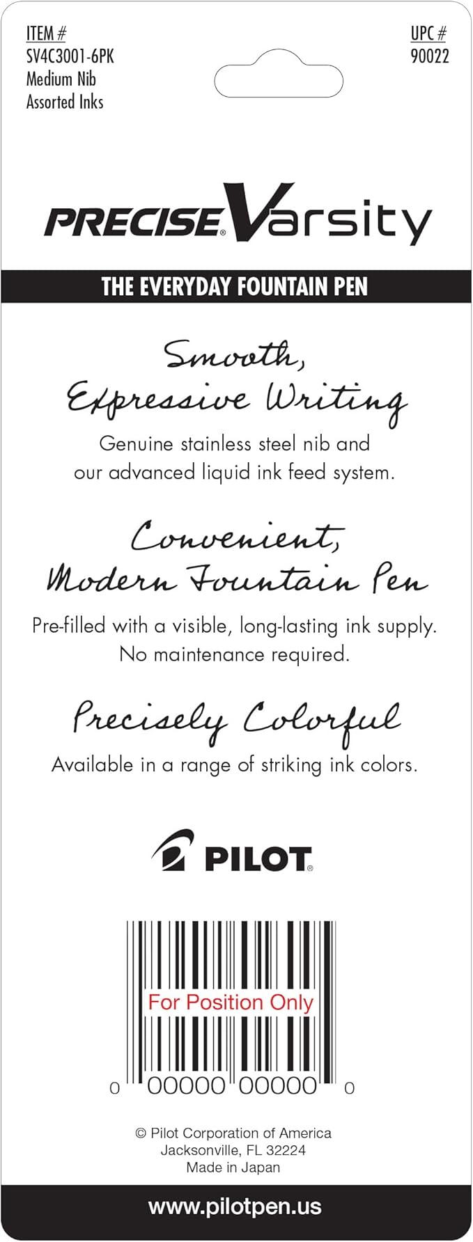 PILOT Precise Varsity Pre-Filled Fountain Pens, Medium Point Stainless Steel Nib, Black/Blue/Purple Inks, 3-Pack (90022)