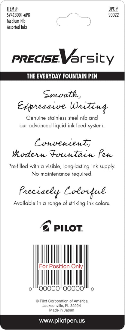PILOT Precise Varsity Pre-Filled Fountain Pens, Medium Point Stainless Steel Nib, Black/Blue/Purple Inks, 3-Pack (90022)