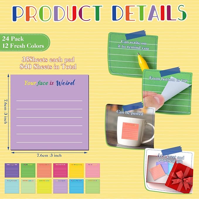 Yinder 24 Pcs Inspirational Sticky Notes Christmas Stocking Stuffers Motivational Sticky Notes Pad Employee Appreciation Gift Bulk for Teacher Nurse Coworker Office 3 x 3'' (Funny,Dark Color)