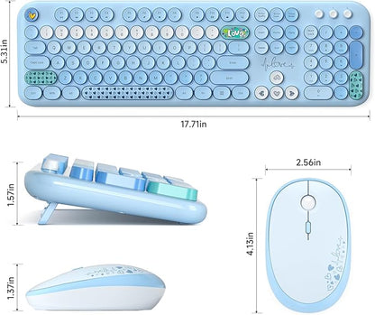 MOFII Wireless Keyboard and Mouse Combo, Full Size 2.4G Plug and Play Typewriter Retro Round Computer Keyboard and Mouse Set for Windows, Computer, Desktop, PC, Notebook - (Blue Colorful)