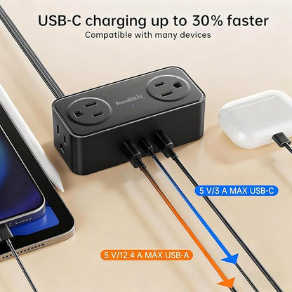 SMALLRT Thin Flat Extension Cord with USB C, Small Flat Plug Power Strip with 4 AC Outlets 3 USB (1 USB C), 6.5FT Small Power Strip Wall Mountable Cruise Ship, Travel, Home (Black, 16.5 FT)