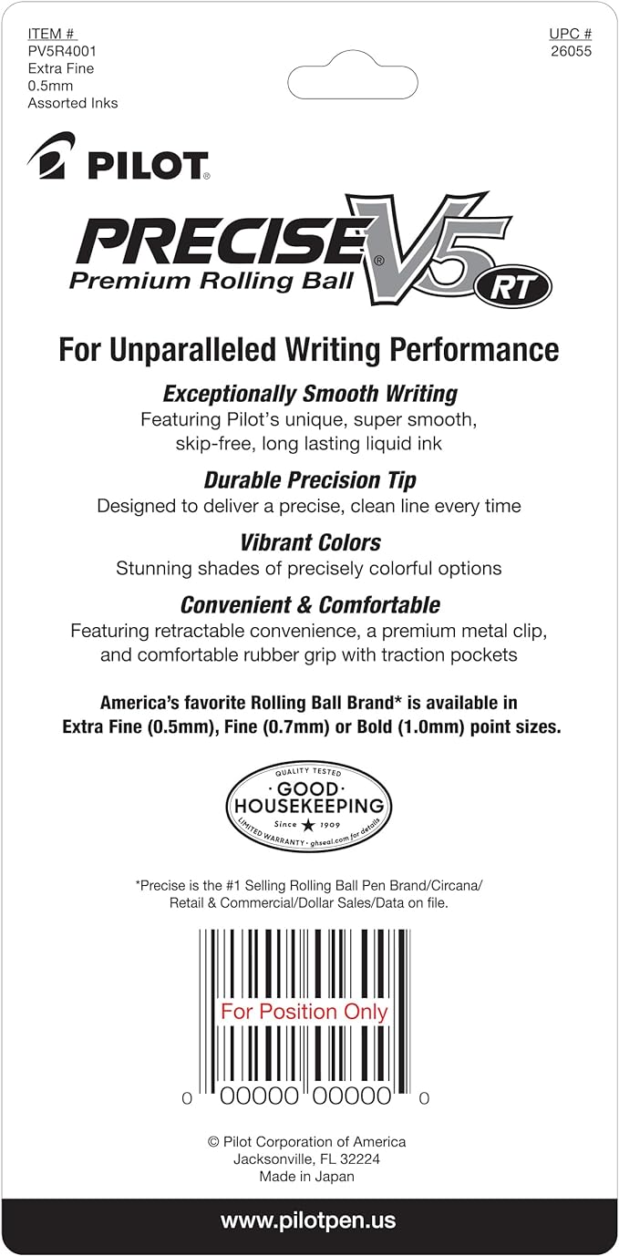 Pilot Precise V5 RT Refillable & Retractable Rolling Ball Pens, Extra Fine Point Pens, 0.5 mm, Black/Blue/Red/Green, Pack of 4 - Ideal for School, Journaling & Office Writing