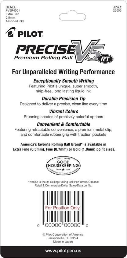 Pilot Precise V5 RT Refillable & Retractable Rolling Ball Pens, Extra Fine Point Pens, 0.5 mm, Black/Blue/Red/Green, Pack of 4 - Ideal for School, Journaling & Office Writing