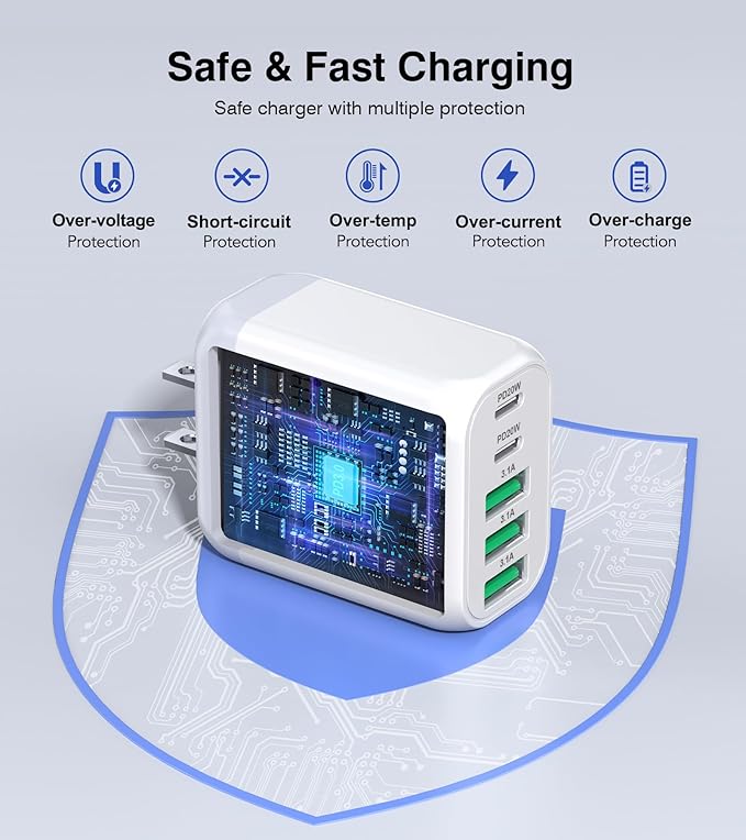 USB C Wall Charger Block, 2Pack 60W 5-Port C Charger Fast Charging Block PD Power Adapter +QC 3.0 Multiport Type C Box Brick Cube USB A Wall Plug for iPhone 15/16/17 Pro Max Plus, iPad,Samsung Galaxy