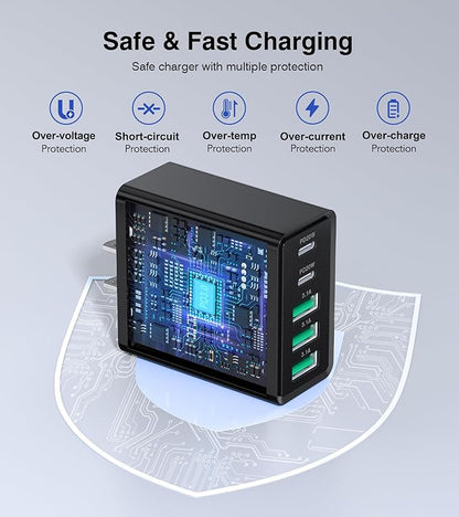 [2-Pack] USB C Wall Charger, 60W USB C Charger Block 5-Port PD Fast Charging Blocks,2USB C+3USB A Multiport Plug,Type C Power Adapter Brick Cube for iPhone 17/16/15/14/13/Pro,Samsung,for Switch（Black）