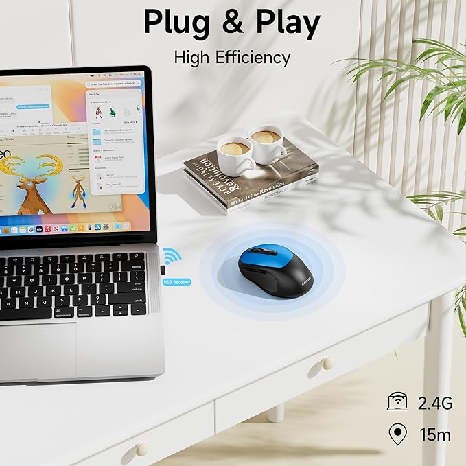 memzuoix Wireless Mouse, 2.4GHz Nano Receiver, 3 DPI Levels (800/1200/1600), 6 Buttons, Compatible with PC/Mac/Laptop (Blue)
