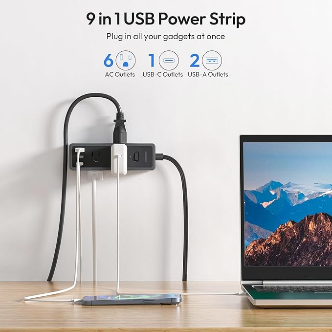 NTONPOWER Extension Cord 25 ft, 1080 Joules Surge Protector Power Strip with 6 Widely Outlets 3 USB (1 USB C), Long Extension Cord for Home Office Dorm Room Essentials