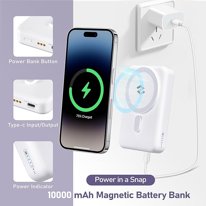 3 in 1 Wireless Charging Station: 10000mAh Removable Power Bank Charger Stand for Phone/Watch/Air Pods - Portable Magnetic Battery Pack for Air 17 16 15 14 13 12 Series White