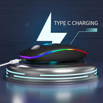 TENMOS Wireless Bluetooth Mouse, LED Slim (Bluetooth 5.1/5.0 + USB) 2.4GHz Rechargeable Silent Bluetooth Wireless Mouse with Type C Adapter for Laptop/MacBook/iPad OS 13 and Above (Matte Black)