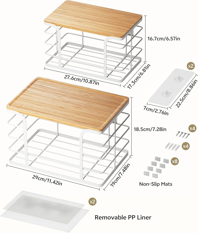 2 Pack Pantry organizers and Storage,Kitchen Organization with Bamboo Top,Stackable Kitchen Pantry bin for Onion,Potato,Fruits,Produce,Vegetable,White