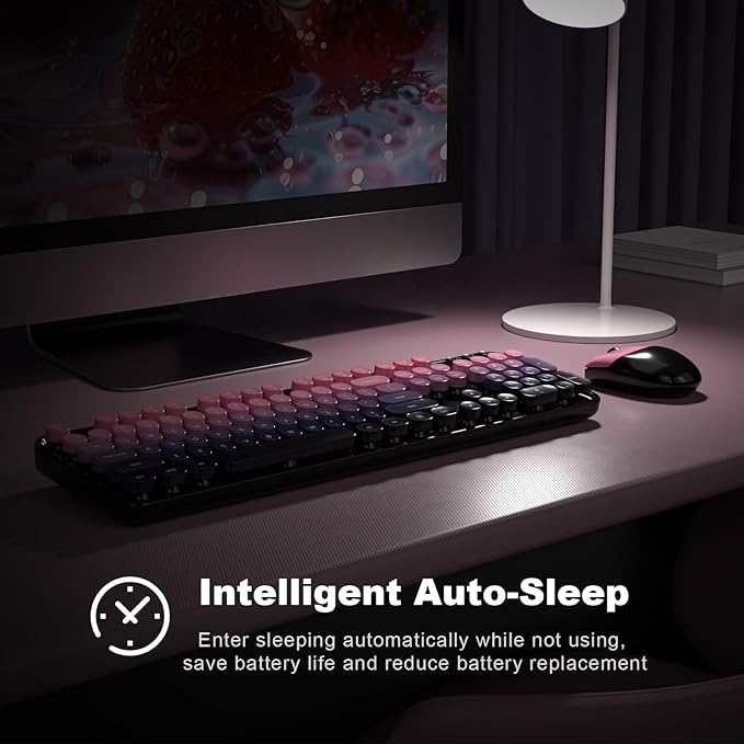 MOFII Wireless Keyboard and Mouse Combo, Full Size 2.4G Plug and Play Typewriter Retro Round Computer Keyboard and Mouse Set for Windows, Computer, Desktop, PC, Notebook - (Plum Pink Gradient)