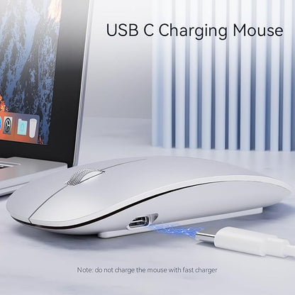 Uiosmuph G11 Wireless Mouse, USB C Rechargeable Computer Mouse, Slim Silent Mice 2.4GHz Optical with USB Nano Receiver and Type C Receiver for Laptop/Mac/PC - Silver
