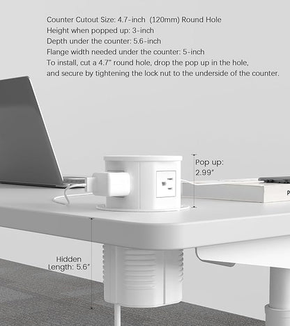Pop up Outlet for Countertop with Wireless Charger,45W USB C Port, 4.7'' Diameter Round Pop Up Counter Outlet with AC Outlets,USB Ports,Hidden Outlet,Pop Out Outlet