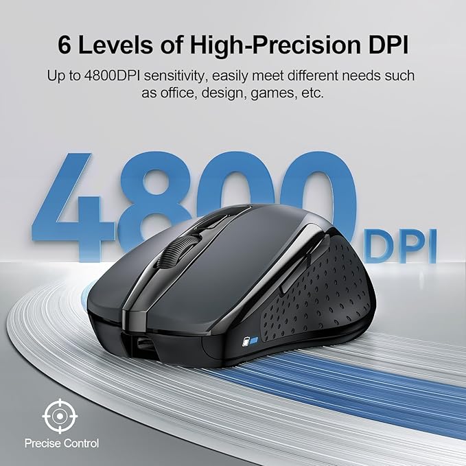 TECKNET Wireless Mouse (BT5.0/3.0 & 2.4G) Rechargeable 4800 DPI Silent USB A & Bluetooth Mouse 6 Buttons, Wide Compatibility - Grey