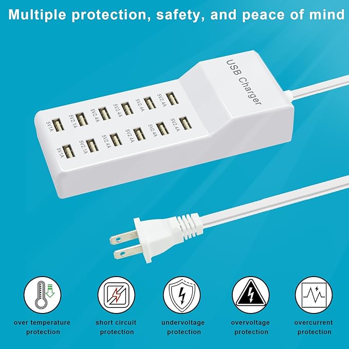 Multi Port USB Charging Station Wall Charger, Multi-Port Fast Charging Station, Compatible with iPhone, Android Phones, Tablets and Bluetooth Speakers - Compact for Home Office and Travel Use White