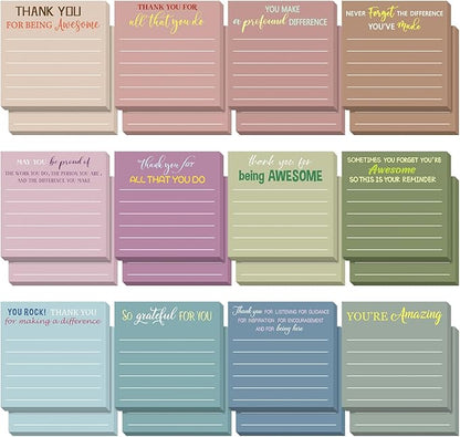 Yinder 12 Pcs Employee Appreciation Sticky Notes Xmas Gift Bulk Motivation Note Pads Mini Inspirational Note Gift for Teacher Nurse Staff Coworker Office Supply 3 x 3'' (Appreciation,Morandi Color)