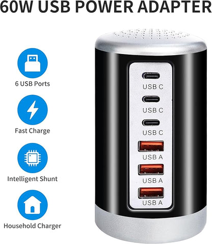 60W USB Charging Station, 6-Port (3 USB-A & 3 USB-C) Compatible with iPhone 15/14/13/12/11, Tablets, Smartphones Black