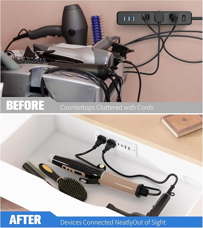 65W Furniture Drawer Outlet, Recessed Outlet with 4 USB Ports & 2 AC Outlets, Recessed Power Strip for Home, Office, 14 AWG-10FT Spring Cord(White)