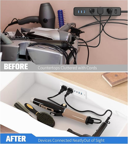 65W Furniture Drawer Outlet, Recessed Outlet with 4 USB Ports & 2 AC Outlets, Recessed Power Strip for Home, Office, 14 AWG-10FT Spring Cord(White)