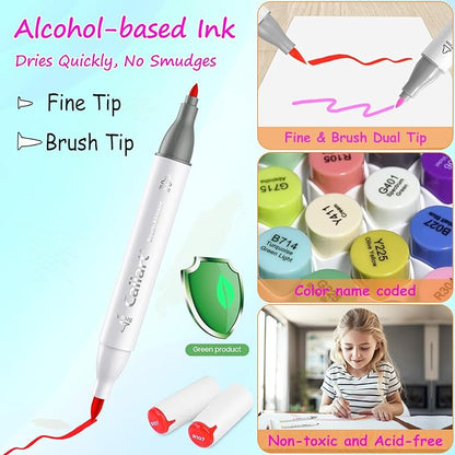 Caliart 180 Colors Alcohol Markers Brush Tip, Dual Tip Artists Coloring Markers Set Brush & Fine, Permanent Alcohol Based Colored Sketch Pens, Art Supplies Gifts for Adults Illustration Drawing