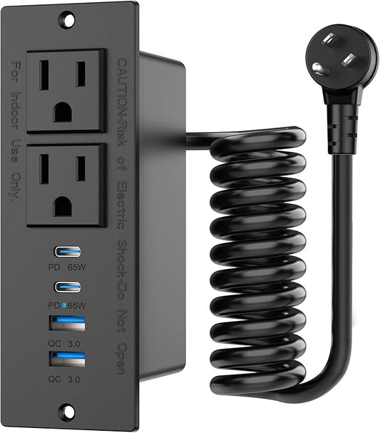 65W Furniture Drawer Outlet, Recessed Outlet with 4 USB Ports & 2 AC Outlets, Recessed Power Strip for Home, Office, 14 AWG-6FT Spring Cord(Black)