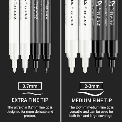 SFAIH Black & White Acrylic Paint Markers - 8 Pack 2-3MM Medium Tip & 0.7MM Extra Fine Paint Pens for Rock Painting, Wood, Metal, Fabric, Plastic, Canvas, Glass, Ceramic, Diy Crafts